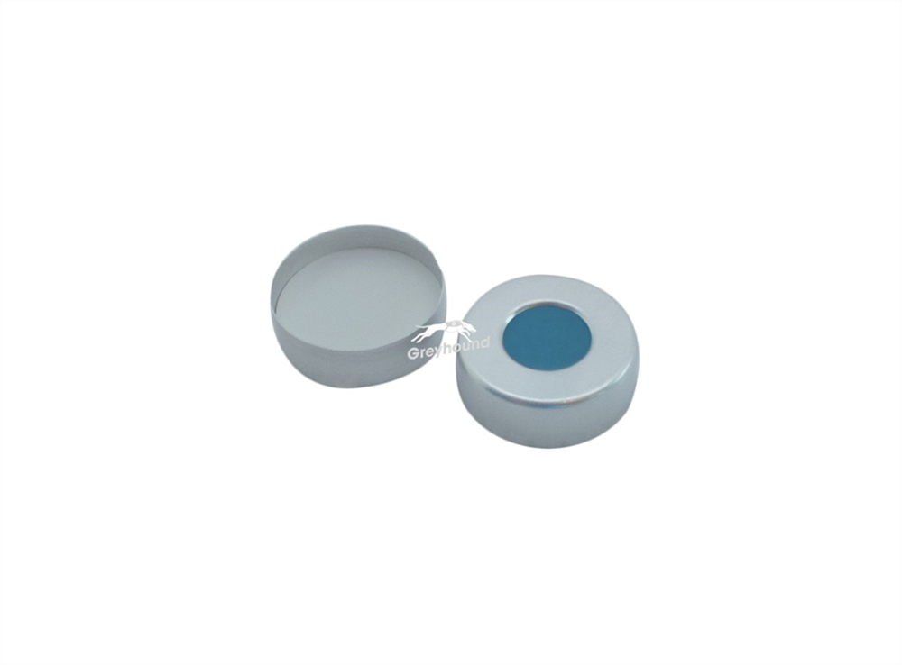 Picture of UltraClean 20mm Aluminium Crimp Cap, Silver, 10mm hole with Translucent Blue/White PTFE Septa, 3mm, (Shore A 45)